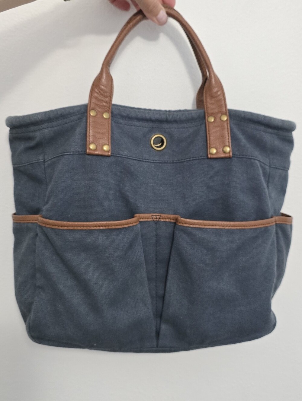 Levenger Navy and Tan Canvas Carry Tote